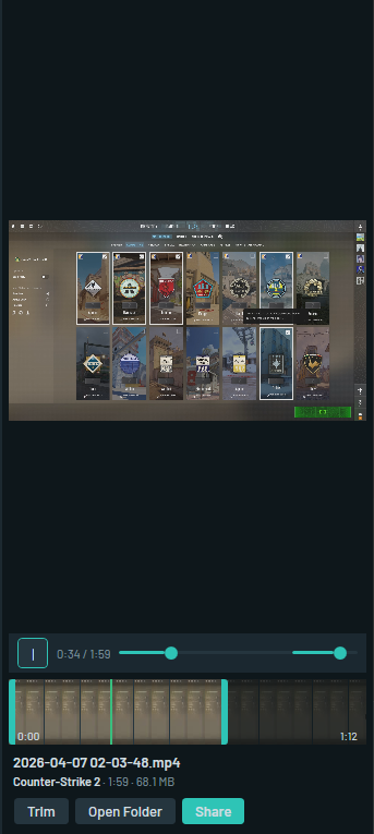 WatchDog clip editor showing CS2 gameplay with visual timeline, thumbnail strip, and trim controls