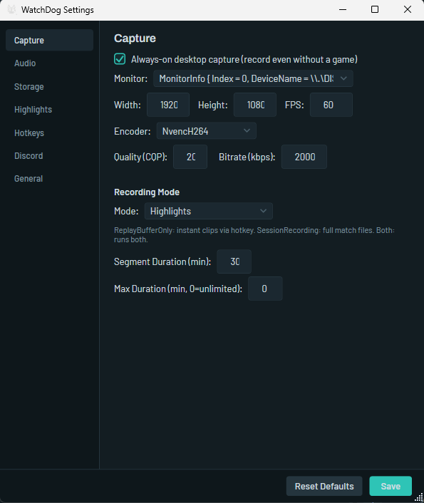 WatchDog settings window showing capture configuration with encoder, resolution, recording mode, and quality options